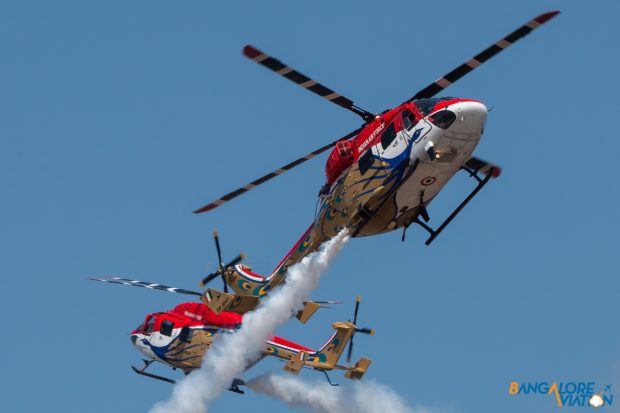 The Indian Air Force Saarang Display team which uses four HAL Dhruvs.