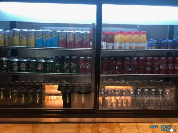 Soft drink selection at the SilverKris Lounge at Changi Airport.