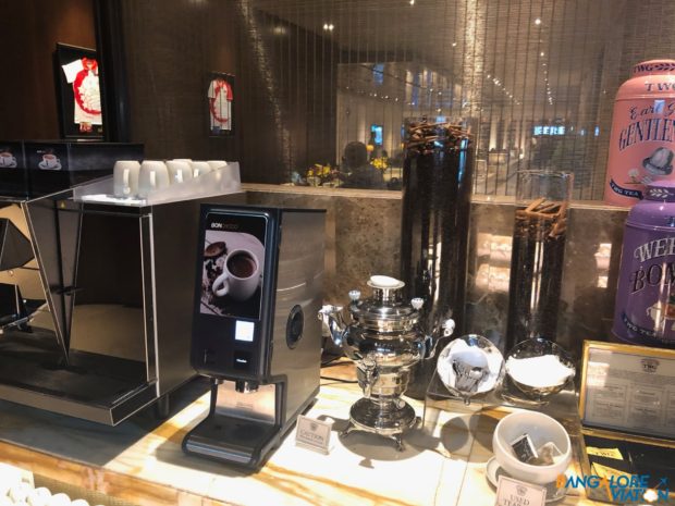 Coffee and Tea selection at the SilverKris Lounge at Changi Airport.