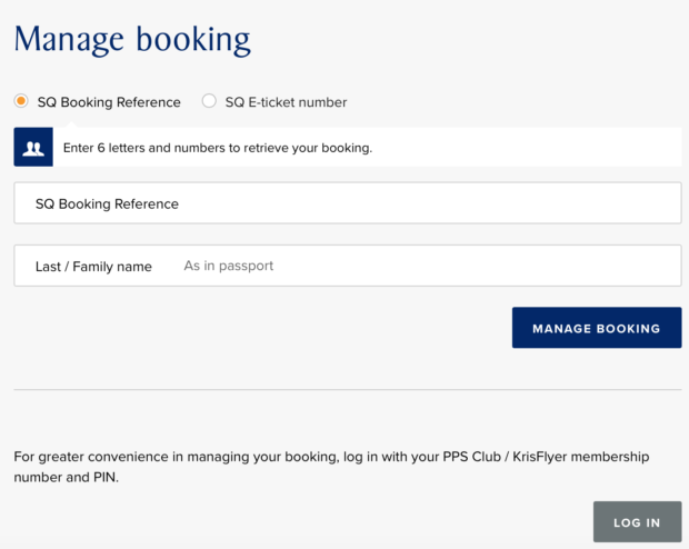 Singapore Airlines Manage Your Booking Page